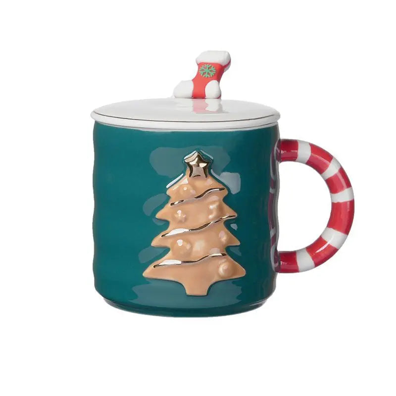 Christmas Ceramic Embossed Coffee Cup with Lid and Spoon Breakfast Oatmeal Milk Cups Home Water Cup Christmas Gift