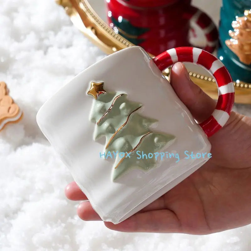 Christmas Ceramic Embossed Coffee Cup with Lid and Spoon Breakfast Oatmeal Milk Cups Home Water Cup Christmas Gift