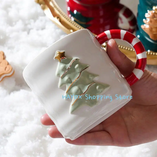 Christmas Ceramic Embossed Coffee Cup with Lid and Spoon Breakfast Oatmeal Milk Cups Home Water Cup Christmas Gift