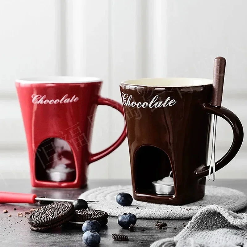 Ceramic Chocolate Cup European Candle Cup Cheese Chocolate Melting Ceramic Mug Heating Food Ceramic Mugwith Fork Creative Mugs