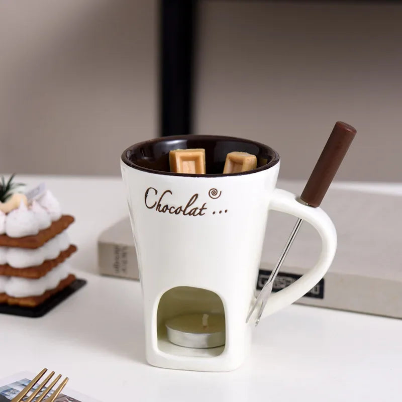 Ceramic Chocolate Cup European Candle Cup Cheese Chocolate Melting Ceramic Mug Heating Food Ceramic Mugwith Fork Creative Mugs