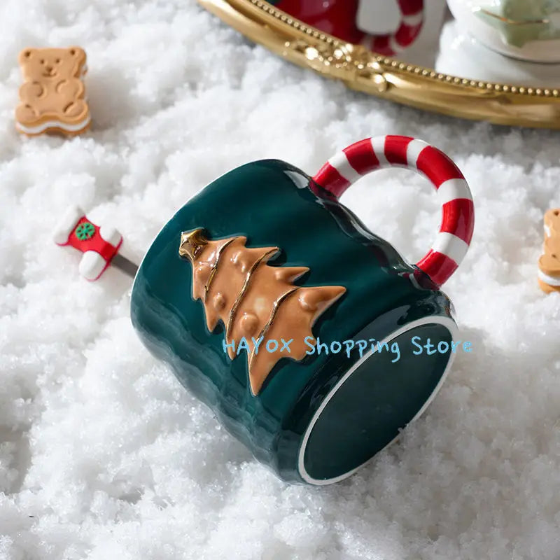 Christmas Ceramic Embossed Coffee Cup with Lid and Spoon Breakfast Oatmeal Milk Cups Home Water Cup Christmas Gift