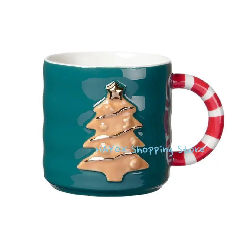 Christmas Ceramic Embossed Coffee Cup with Lid and Spoon Breakfast Oatmeal Milk Cups Home Water Cup Christmas Gift