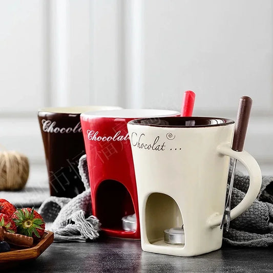 Ceramic Chocolate Cup European Candle Cup Cheese Chocolate Melting Ceramic Mug Heating Food Ceramic Mugwith Fork Creative Mugs