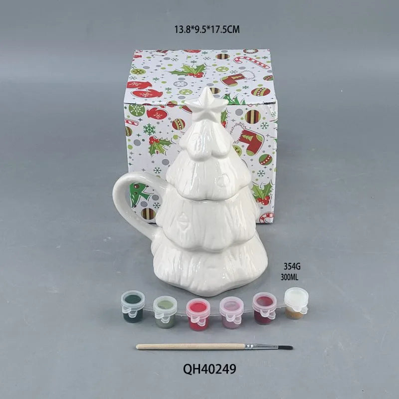 Creative DIY Christmas Tree Ceramic Cup Pure White Color it Yourself with Lid Mug Cup Couple Christmas Universal Coffee Cup