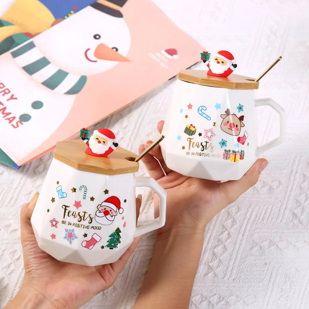 2025 Christmas Gift Set: Warm 55℃ Ceramic Mug with Lid featuring Santa Claus for Office or Home Use