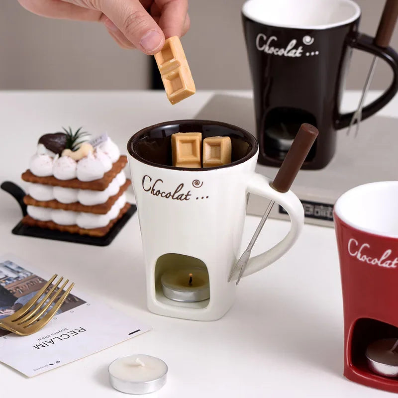 Ceramic Chocolate Cup European Candle Cup Cheese Chocolate Melting Ceramic Mug Heating Food Ceramic Mugwith Fork Creative Mugs