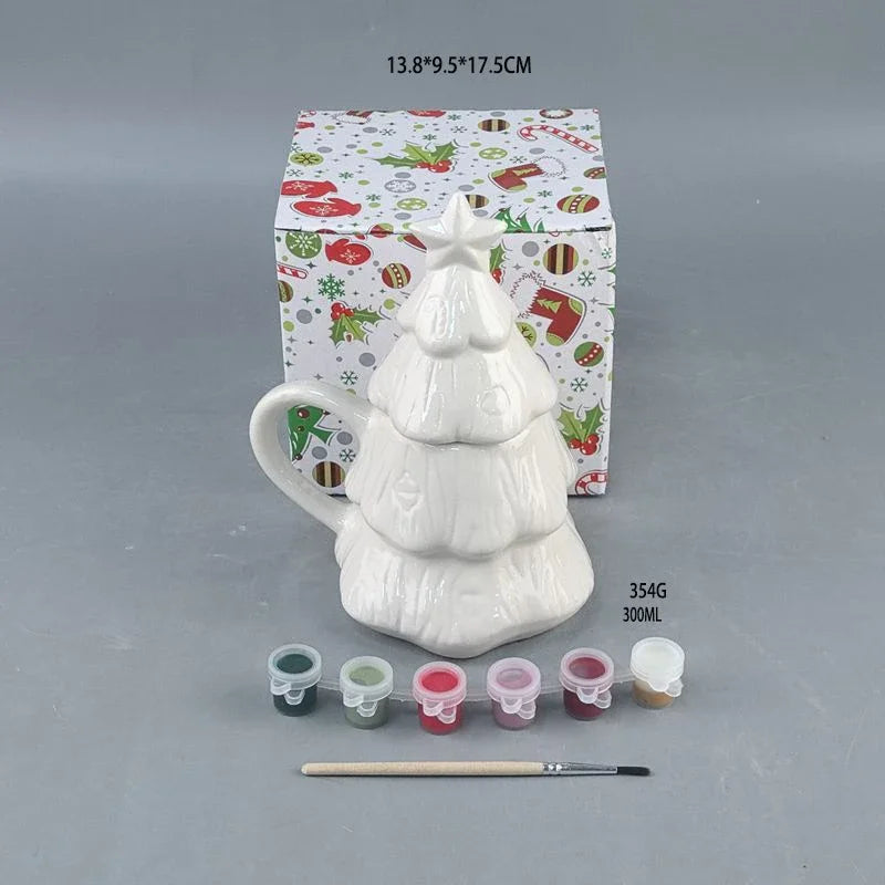 Creative DIY Christmas Tree Ceramic Cup Pure White Color it Yourself with Lid Mug Cup Couple Christmas Universal Coffee Cup
