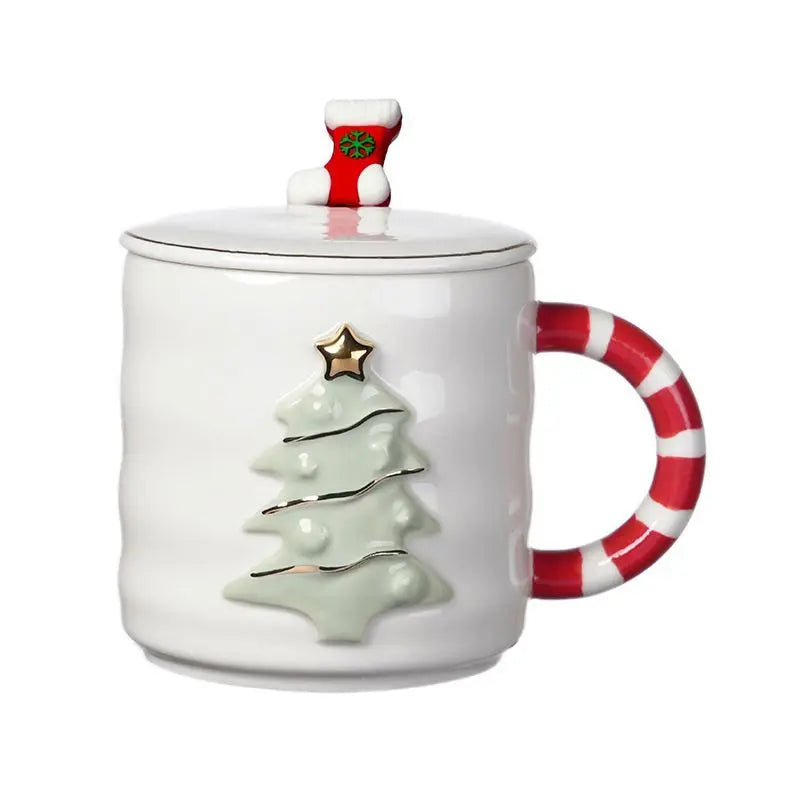 Christmas Ceramic Embossed Coffee Cup with Lid and Spoon Breakfast Oatmeal Milk Cups Home Water Cup Christmas Gift
