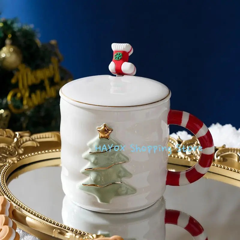 Christmas Ceramic Embossed Coffee Cup with Lid and Spoon Breakfast Oatmeal Milk Cups Home Water Cup Christmas Gift