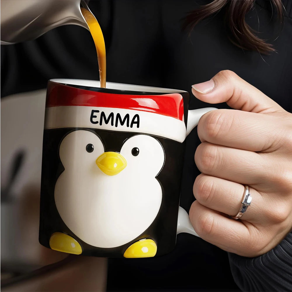 Personalized Christmas Ceramic Mug - Santa Penguin Snowman Design with Name Engraving, 12oz Eco-Friendly Coffee Cup