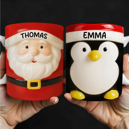 Personalized Christmas Ceramic Mug - Santa Penguin Snowman Design with Name Engraving, 12oz Eco-Friendly Coffee Cup