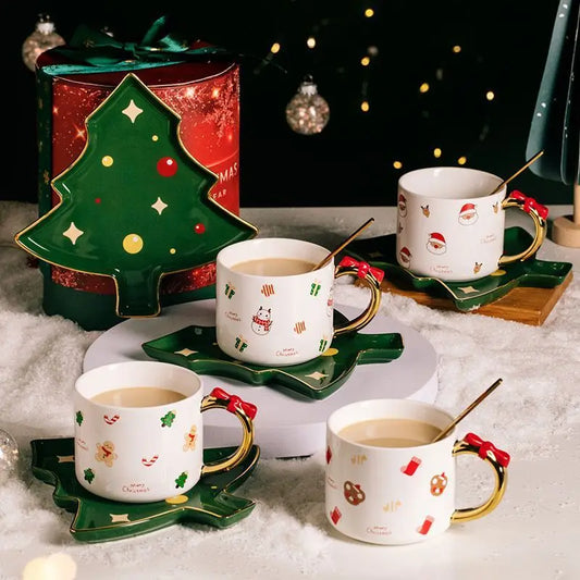 Creative Santa Claus Coffee Cup and Saucer Christmas Tree Ceramic Mug Exquisite Afternoon Tea and Flower Tea Coffee Cup Gift New
