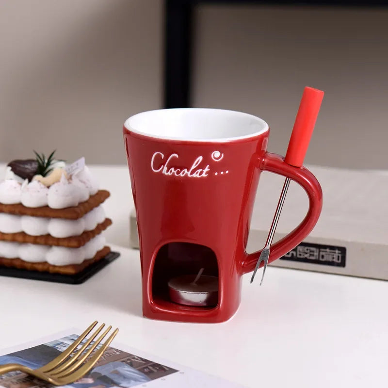 Ceramic Chocolate Cup European Candle Cup Cheese Chocolate Melting Ceramic Mug Heating Food Ceramic Mugwith Fork Creative Mugs